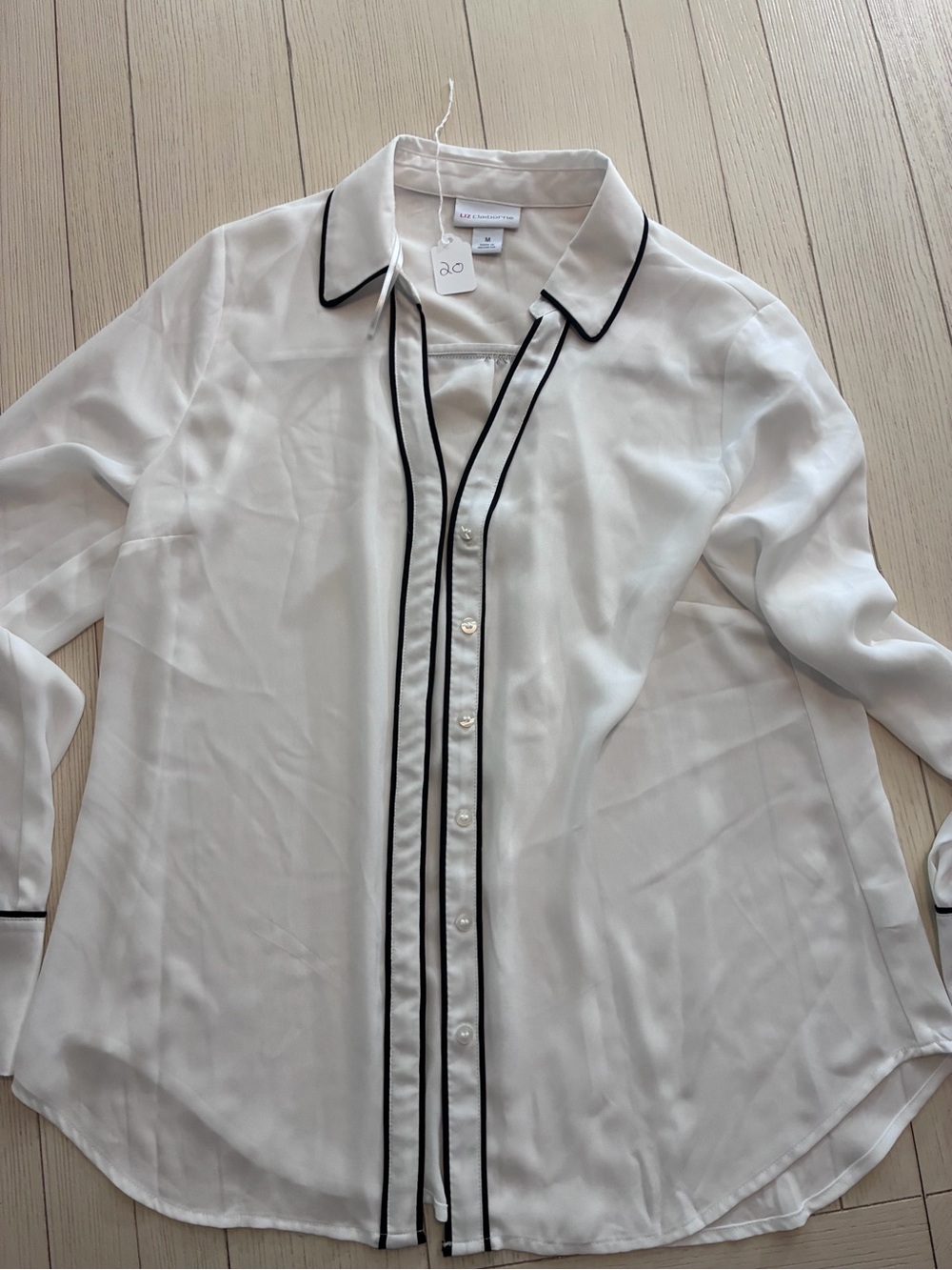 Liz Claiborne White Button-Down Blouse with Black Piping